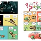 Links: "Dinos sind die coolsten" über Dinosaurier und Vögel. Rechts: Comic mit Dinosaurier-Diskussionen und witzigen Dialogen.