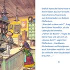 Text über die kleine Hexe im Laden von Balduin Pfefferkorn, sie fragt nach Besen. Illustration: Ladenbesitzer, Hexe, Rabe.