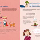 "Das ist Wanda." Daneben ein Kind mit Kochlöffel, ein Junge im Umhang, und ein orangener Kater. Rechts eine Familie beim Lesen.