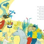 Texte fragen nach dem Leben und Zukunft. Illustration zeigt Menschen, Tiere, ein gelbes Haus und Natur in leuchtenden Farben.