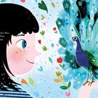 NEIN! Still ist für mich laut. Laut ist der Himmel im Blau. Illustration: Mädchen und Pfau mit bunten Federn.