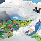 „Der Wolkenschieber schiebt die Wolken sechsmal um den Kreisverkehr.“ Illustration: Ein Kind schiebt Wolken über eine Landschaft.