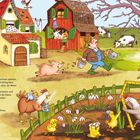 Text beschreibt den Hof im Frühling mit Tieren und Bauern. Links ist ein Haus, rechts ein Stall. Tiere arbeiten im Garten.