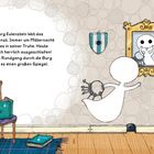 Text beschreibt ein kleines Gespenst auf Burg Eulenstein. Illustration mit einem Gespenst vor einem Spiegel.