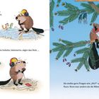 Links: Nora baut, mit Werkzeug und Bauplänen. Rechts: Nora auf einem Baum mit einer Säge. Andere Tiere schauen zu.