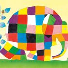 Text: Elmar war ganz anders. Elmar war kariert und bunt. Illustration eines karierten Elefanten mit vielen Farben, Bäume und Vögel.