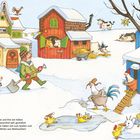 Text über das Bauernhofleben im Winter. Gemütliche Szene mit Bauer, Tieren, Schnee und dekorierten Häusern.