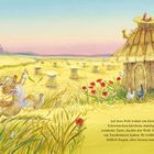 "Auf dem Feld wohnt ein kleiner Eber..." Ein strohgedecktes Haus mit Hühnern und einem fröhlichen Wolf im Weizenfeld.