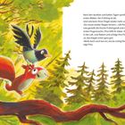 Text über Frühling, Fliegen und Figuren Lela und Pino. Illustration mit Eichhörnchen und Vogel im Wald, fröhliche Farben.