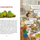 "MONSTERKÖTTEL" steht in Rot über Salatköpfen. Gemälde zeigt eine Familie am Tisch. Dialoge über Meteoriten und Gartendorfwettbewerb.