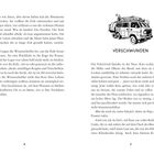 Linke Seite: Text über Wissenschaftler, Entdeckungen, Erde. 

Rechte Seite: „VERSCHWUNDEN“ überschrift, Illustration eines Fahrzeugs. Text über Fahrt, Natur. Seitenzahlen 8, 9.