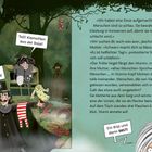 Text: „Toll! Klamotten aus der Dose!“, „Ich werde ein Mensch!“, „Ein BISS und dann DAS?!“
Illustration von Figuren im Wald mit Kleidung und einem Altkleidercontainer.