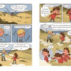 Zwei Kinder rennen durch Dünen, besorgt um die Richtung. Einer schlägt eine Pause vor, um nachzudenken. Comicszenen mit Dialogen.