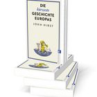 "Die kürzeste Geschichte Europas" von John Hirst, Buchstapel. Illustration: Frau auf Stier, blau und gelb, Ullstein-Verlag.