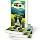 Text: "Ein Streuner namens Oscar", "Eine Geschichte von Verlust, Liebe und einem Partner auf vier Pfoten", "Dara Waldron". Illustration: Ein Hund in einer Landschaft unter einem großen Mond. Vier Buchstapel.