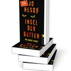 "JO NESBØ INSEL DER RATTEN UND ANDERE STORIES" auf schwarzem Buchcover mit gelben Augen, mehrere Bücher gestapelt.
