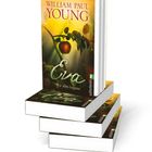 „William Paul Young. Eva. Wie alles begann.“ Ein Stapel Bücher mit einem Apfel und Blättern auf dem Cover.