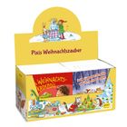 "Pixis Weihnachtszauber" in lila Schrift. Darunter eine Illustration von Tierfiguren um einen Schneemann.