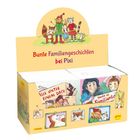 "Bunte Familiengeschichten bei Pixi". Illustration: Eine Gruppe von Tieren und Kindern zusammen auf einer Wiese.