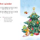 "Alle Jahre wieder" mit Noten und zwei Gedichtstrophen. Illustration: Tiere dekorieren einen Weihnachtsbaum im Schnee.