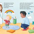 Willi hält Mamas Hand. Ein Erzieher begrüßt ihn. Regale mit Jacken. Regenbogen und Sonne. Fröhliche Kindergarten-Illustration.