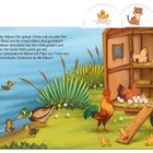 Text oben links: Auf dem Bauernhof haben die Hühner Eier gelegt...

Illustration einer Hühnergruppe und Entenfamilie am Teich.​​