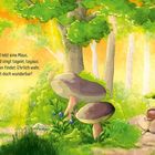 Text: "Tief im Wald lebt eine Maus, die lacht und singt tagein, tagaus. Das Mäuschen findet: Ehrlich wahr, das Leben ist doch wunderbar!" Illustration: Fröhliche Maus im Wald mit Blätterschirm, Pilze und Beeren.