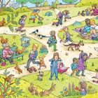 Links steht: „Im Park blühen die ersten Blumen, die Kaninchen schauen neugierig aus ihrem Bau...". Rechts sind viele Leute im Park.