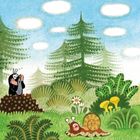 „Ach herrje, wer weint denn da?“ Ein Maulwurf hört ein Wimmern, entdeckt einen kleinen Adler im Fluss und rettet ihn. Illustration.