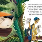 Das Bild zeigt einen Tiger, der schläfrig auf einem Ast liegt. Eine Schildkröte hält eine Einladung vom Tukan.