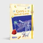 "Conni im Weltall-Camp", Illustration mit Kindern am Teleskop, einem Zelt, einem grünen Alien und einem weißen Hund.