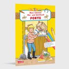 "Mein liebstes Mal- und Spielbuch PONYS" steht über einem Mädchen, das ein Pony streichelt. Buntstifte und Helm sind zu sehen.