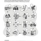 Unbehaarte Schnauze. Buchstaben von Bildern in Pfeilrichtung ergeben Tiername. Start: Nase, dann Taucherbrille, Apfel.