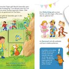 „Wann ist es besonders schön im Kindergarten?“ Illustration von Kindern beim Spielen, Feiern und Laternenumzug.