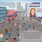 Text: "KI könnte der Polizei helfen, Verbrechen aufzuklären...". Illustration einer belebten Stadtstraße mit Menschen und Überwachungskameras.