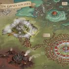 Abstrakte Landkarte mit Orten: "Die Ebenen von Lyra", fünf Reiche, Flüsse und Berge. Fantasievolle Gestaltung.