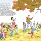 Ein Mann hält eine Piñata an einem Baum. Kinder jubeln, während ein Mädchen sie mit einem Stock schlägt.