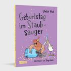 Ein Text erzählt von einer lahmen Ente, die eine Kerze anzündet, um das blinde Huhn zu wecken. Illustrationen zeigen eine Ente mit Partyhut.