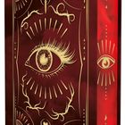 "Crowns of Nyaxia" in goldener Schrift, stilisiertes Auge und dekorative Elemente auf dunkelrotem Hintergrund.