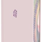 Rosa Buch mit einem geometrischen Logo und schimmerndem, schuppigem Muster am Rand.