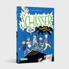 „SCHISSER UND ICH: Donnerwetter“ von Frank Schmeißer. Kinder und Hund auf blauem Hintergrund, Comic-Stil.
