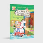 „Einfach lesen lernen. Margit Auer. Die Schule der magischen Tiere. Der Hausschuhdieb. Ermittelt. Direktor.“ Illustration: Zwei Kinder, ein Bär, ein Fuchs vor einer Tür.