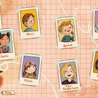 Illustration mit Namen: Elias, Amir, Bjarne, Jori, Luna, Mina, Senay, Ruby, Frau Pfefferkorn. Kinderporträts in bunten Rahmen.