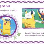 „Training mit Kap. Kap ist ein erfahrenes Pokémon.“ Pikachu trägt eine Mütze, Voltrel und Krokel kämpfen.