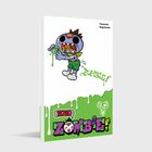 „ZOMBIE!“ Text mit kleinem Cartoon-Zombie, der grünen Schleim hält. Oben Name „Yasunari Nagatoshi“. Darunter bunter „ZOMBIE!“ Text.