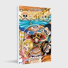 „ONE PIECE“ in großen Buchstaben, darunter bunte Manga-Charaktere in lebhaften Posen. Oberer Text: „EIICHIRO ODA“.
