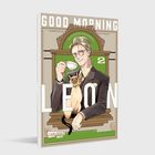 „GOOD MORNING, LEON, 2“. Illustration eines Mannes mit Brille, der eine Tasse hält, und eine Katze auf dem Arm.
