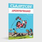 "BEST OF GASTON" und "SPORTSFREUND". Illustration: Ein lächelnder Spieler macht einen Fallrückzieher vor dem Tor.