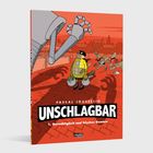 Texte: "Pascal Jousselin", "Unschlagbar", "1. Gerechtigkeit und frisches Gemüse". Illustration: Ein Superheld mit Einkaufstaschen vor einem Roboterarm.