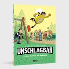 UNSCHLAGBAR. Ein Held mit gelbem Kostüm fliegt über einen Spielplatz, während Menschen überrascht schauen.